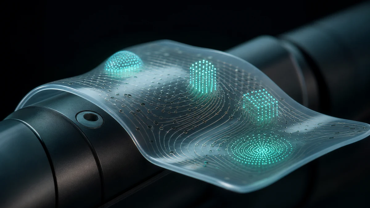 Soft robotic skin sheet bending over a curved robot surface with teal tactile sensing highlights.