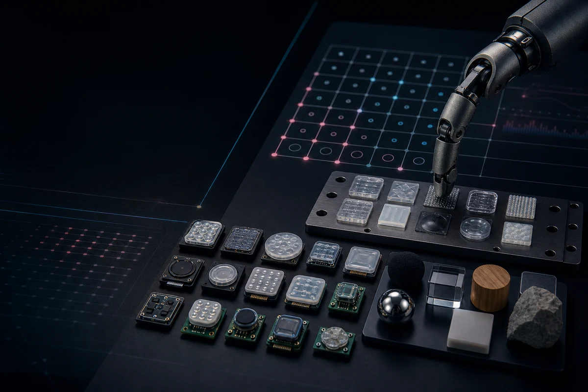 Organized tactile sensor evaluation kit with robot fingertip and benchmark objects.
