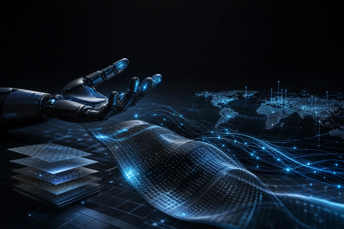 Dark technical report cover background with robot hand, tactile sensor sheet, and blue data streams.