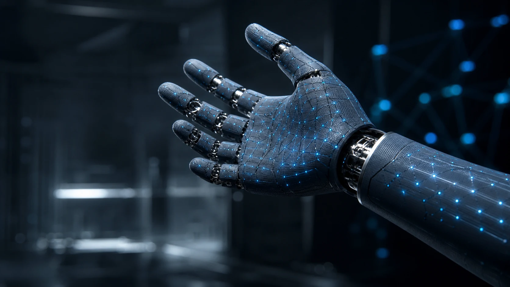 Humanoid robotic hand and forearm covered with flexible tactile robot skin, blue sensor nodes, and signal paths in a dark robotics laboratory.