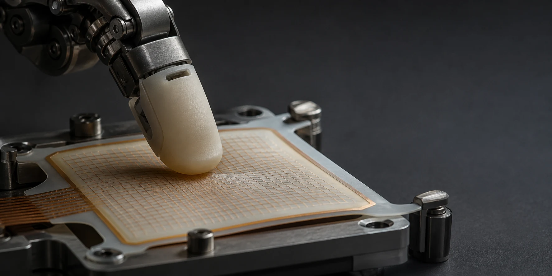 Robotic fingertip pressing a flexible tactile sensor sheet with a copper micro-grid on a precision research fixture.