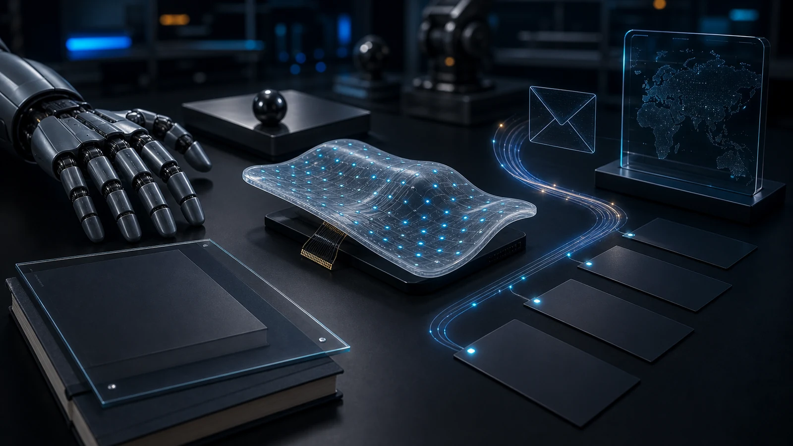RoboSkin inquiry desk with robot hand, tactile skin sample, and organized technical contact materials.