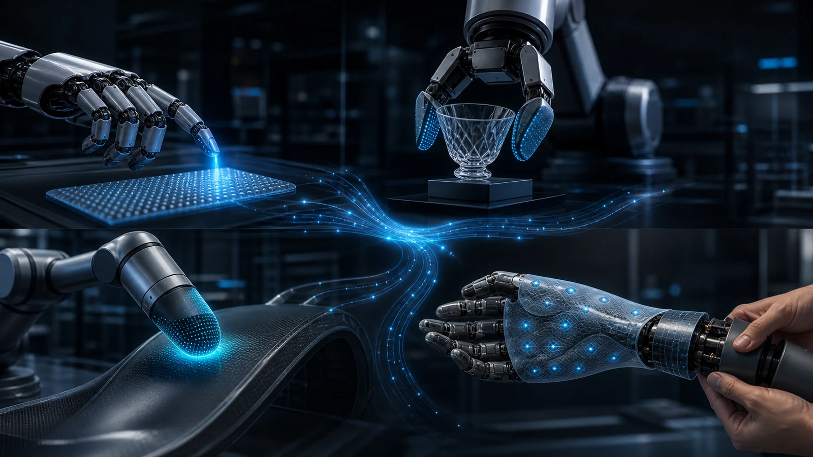 Robot hand, gripper, and assistive surface examples connected by blue tactile sensing signals.