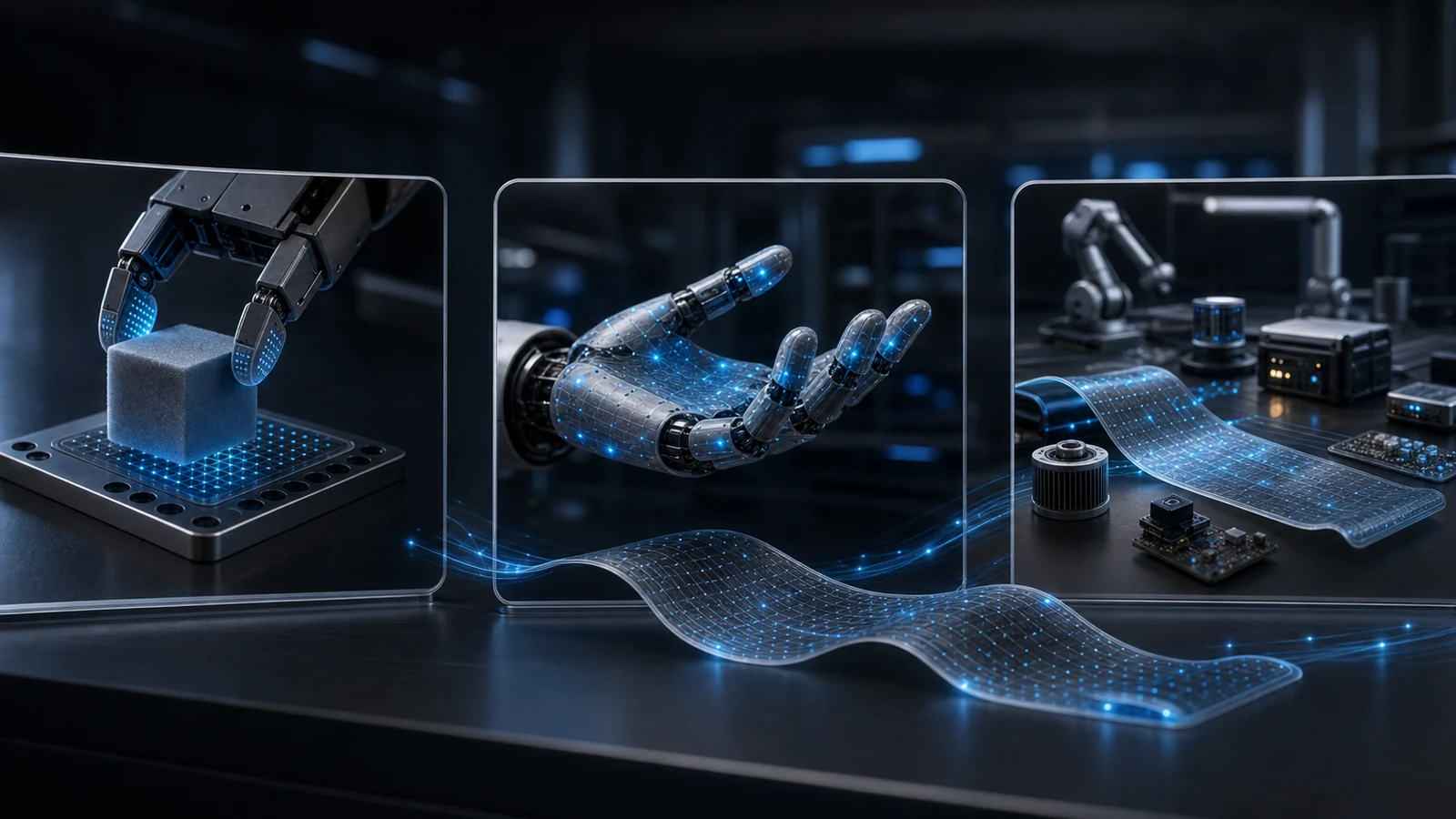 Three application-context panels showing robotic gripper, humanoid hand, and tactile sensor evaluation scenes.