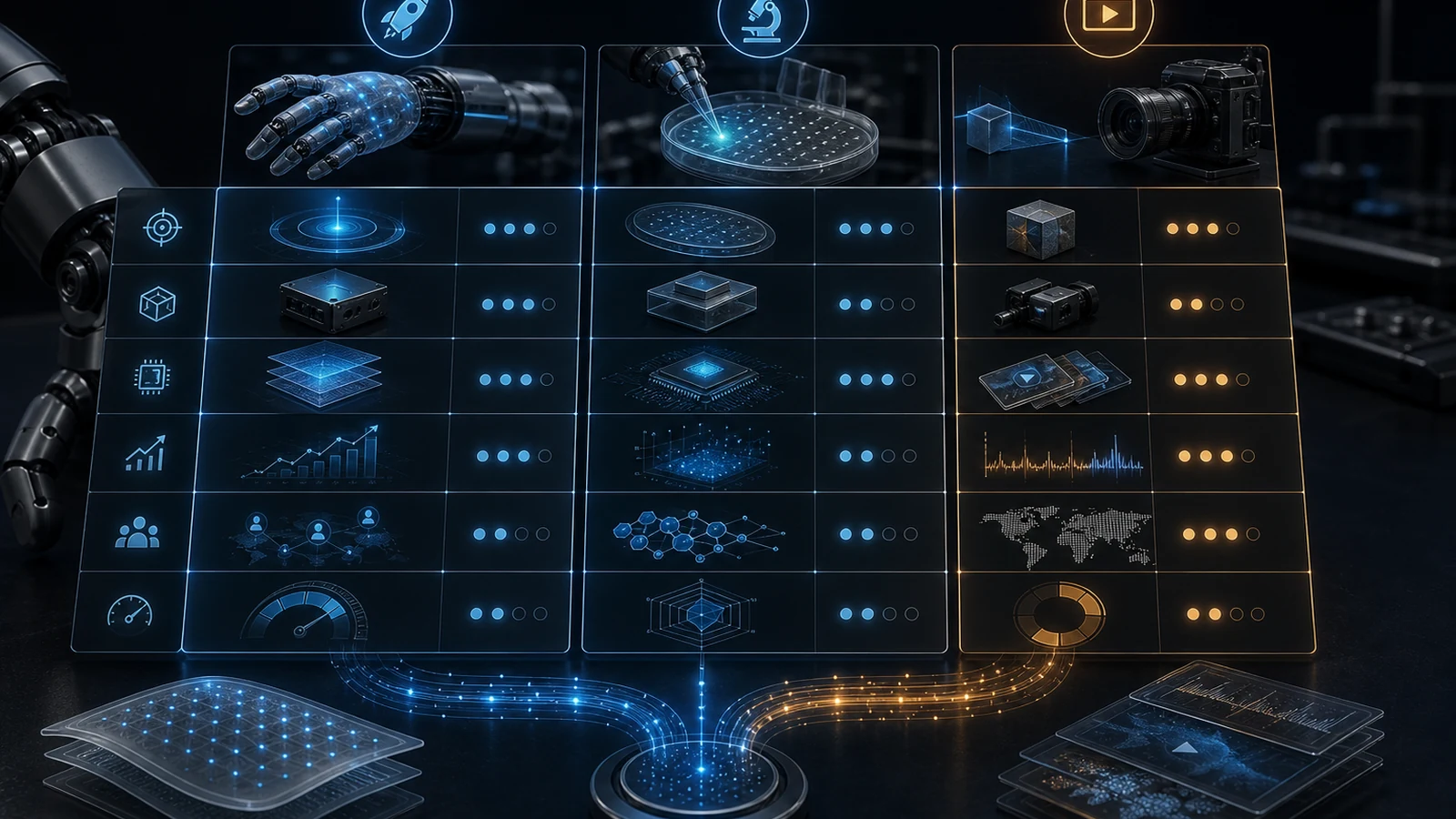 Dark technical comparison matrix with robot skin routes, tactile sensor modules, and evaluation indicators.