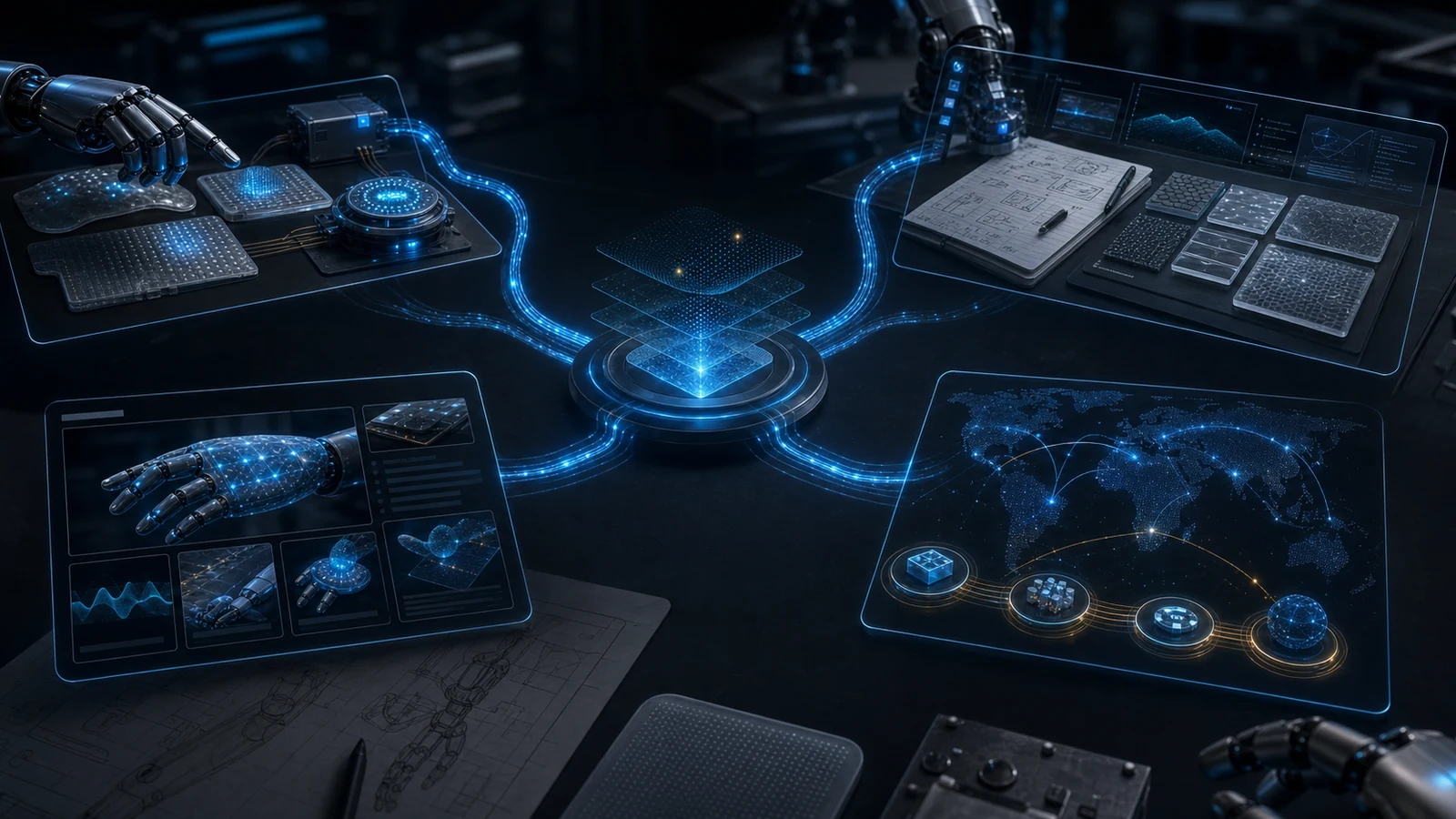 Technical workbench showing RoboSkin.ai guide routes connected to robot skin, tactile AI, and research context.