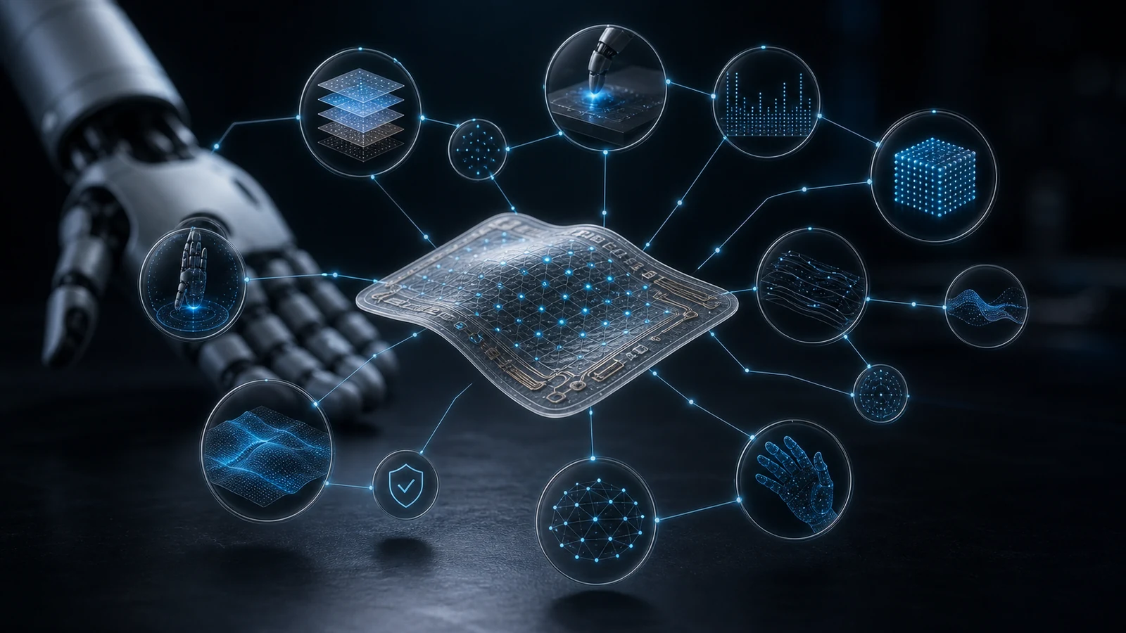 Robot skin sample surrounded by concise tactile AI concept icons and answer-path nodes.